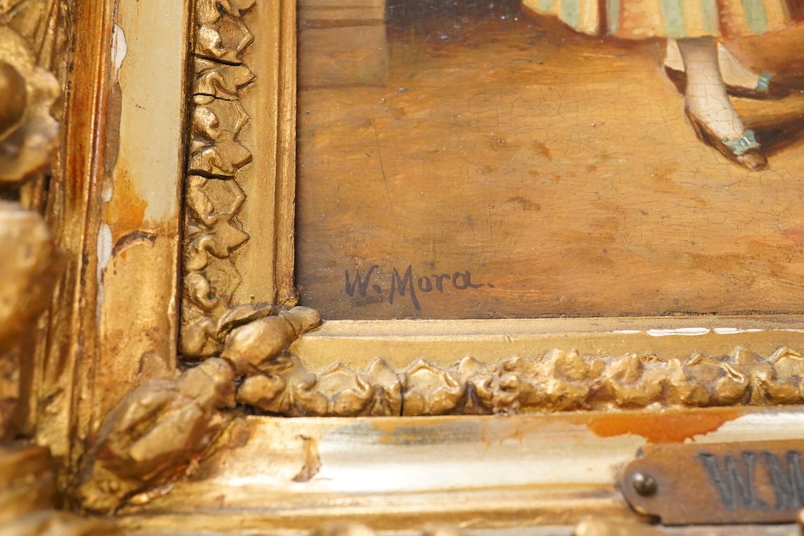 W. Mora, 19th century, Full length studies of young beauties, each signed, pair of oils on board, 29 x 14cm, housed in gilt frames